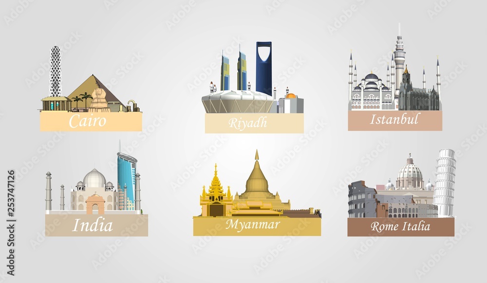 Wall mural Vector City of Cairo, Istanbul, Riyadh, India, Myanmar, Rome Italy