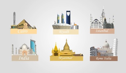 Fototapeta premium Vector City of Cairo, Istanbul, Riyadh, India, Myanmar, Rome Italy