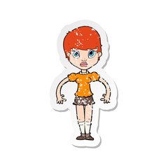 retro distressed sticker of a cartoon woman looking annoyed