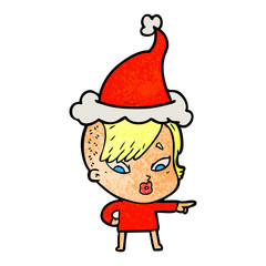 textured cartoon of a surprised girl pointing wearing santa hat