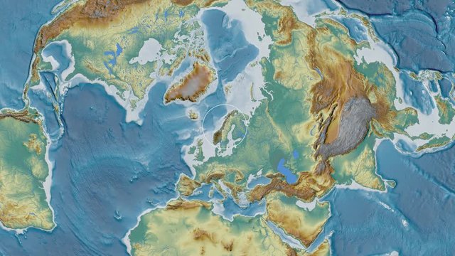 Norway area presented against the global relief map in the Kavrayskiy VII projection with animated oblique transformation