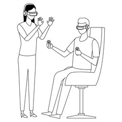 couple playing with virtual reality in black and white