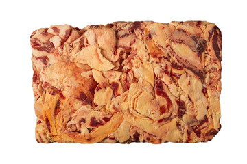 Frozen block of beef on a white background.