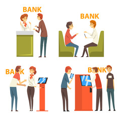 People Consulting at Managers at Bank Office and Getting Money Through Cash Dispenser, Banking Service Vector Illustration