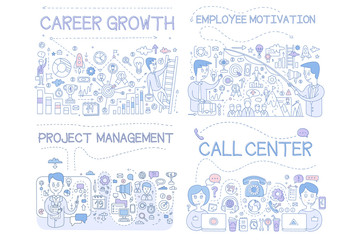 Career Growth, Employee Motivation, Project Management, Call Center Hand Drawn Vector Illustration
