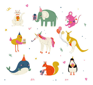 Cute Animals Wearing Party Hats with Birthday Cakes and Gift Boxes Set, Cute Cat, Elephant, Mouse, Chicken, Kangaroo, Whale, Squirrel, Penguin Characters for Happy Birthday Design Vector Illustration