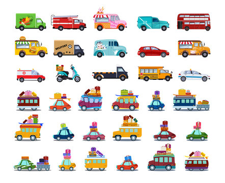 Cute City Transport Set, Colorful Childish Cars and Vehicles Vector Illustration