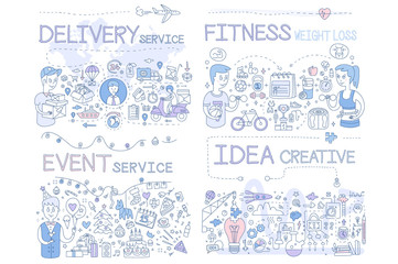 Delivery Service, Fitness Weight Loss, Event Service, Idea Creative Hand Drawn Vector Illustration