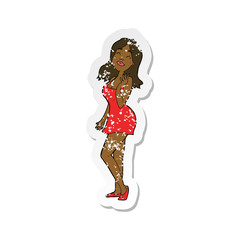 retro distressed sticker of a cartoon pretty woman in cocktail dress