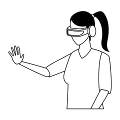 Woman playing virtual reality glasses in black and white