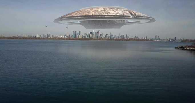 Alien Spaceship Invasion over Toronto City Illustrattion Video Compositing simulates Real footage with visual effects elements of ufo alien spacecraft Hovering over Toronto With Helicopters and Jet