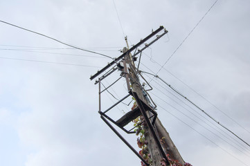 Old wooden electric pole many wires