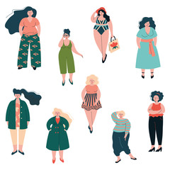 Beautiful Plus Size Curved Women Set, Plump Girls Dressed in Stylish Clothing Vector Illustration