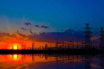 The power supply facilities of contour in the evening