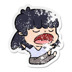 distressed sticker of a cartoon woman talking loudly