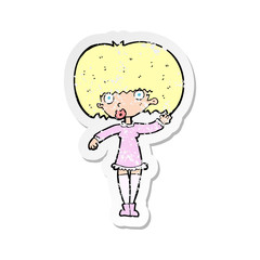 retro distressed sticker of a cartoon waving girl
