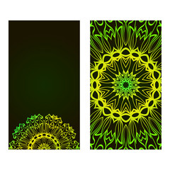 Relax Cards With Mandala Formed Flowers, Boho Style, Vector Illustration. For Wedding, Bridal, Valentine's Day, Greeting Card Invitation. Black green color