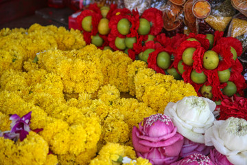 Indian colorful flower garlands for sales at street stall