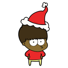 nervous line drawing of a boy wearing santa hat