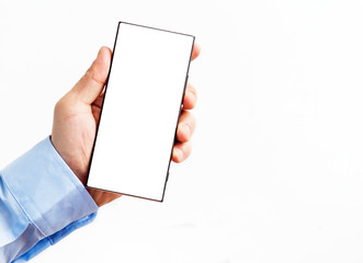 Isolated male hand holding an smartphone with white screen