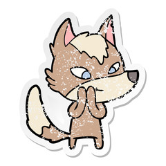 distressed sticker of a friendly cartoon wolf