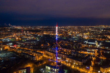 Aerial view of the TV tower of Kaliningrad, night time