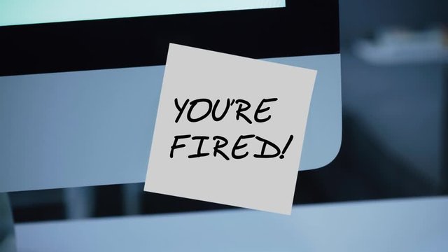 The boss dismisses the employee. Reduction of staff due to the financial crisis. Mass unemployment. Empty office. Business closes, bankruptcy. You're fired. Dismissal. The sticker on the monitor.