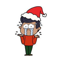line drawing of a crying man wearing santa hat