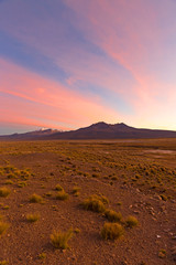 Sunset in Andes. Parinacota volcano. High Andean landscape in the Andes.