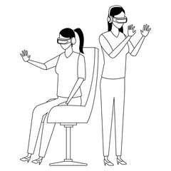 People playing with virtual reality technology in black and white