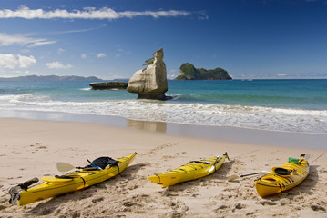 Kayaks on Beach, Hahei, Coromandel Peninsula, North Island, New Zealand.