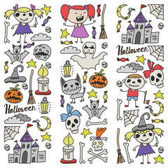 Halloween themed doodle set. Traditional and popular symbols - carved pumpkin, party costumes, witches, ghosts, monsters, vampires, skeletons, skulls, candles, bats. Isolated over white background.