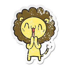 distressed sticker of a happy cartoon lion