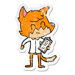 distressed sticker of a cartoon happy fox salesman