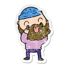 distressed sticker of a man with beard sticking out tongue