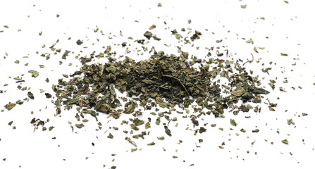 Dry, cut and sliced nettle pile, isolated on white background