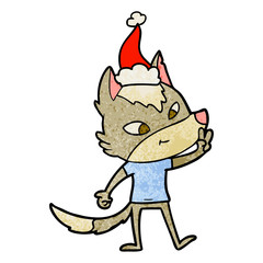 friendly textured cartoon of a wolf giving peace sign wearing santa hat