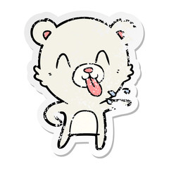 distressed sticker of a rude cartoon polar bear sticking out tongue