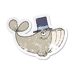 retro distressed sticker of a cartoon whale wearing top hat