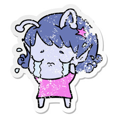 distressed sticker of a cartoon crying alien girl