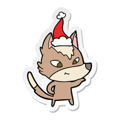 friendly sticker cartoon of a wolf wearing santa hat