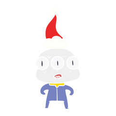 flat color illustration of a three eyed alien wearing santa hat