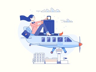 Fototapeta na wymiar Time to Travel and Summer Holiday. Airplane Traveling template poster, badge, vector illustration.