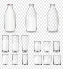 Set of realistic glasses and bottles with a milk.