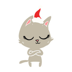 calm flat color illustration of a cat wearing santa hat