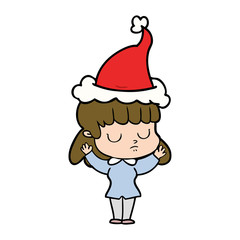 line drawing of a indifferent woman wearing santa hat