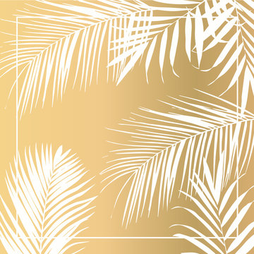 Vector tropical white palm leaves on golden background