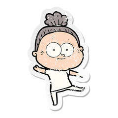 distressed sticker of a cartoon happy old woman
