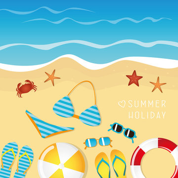 different beach utensils summer holiday background with flip flops sunglasses bikini crab and starfish vector illustration EPS10