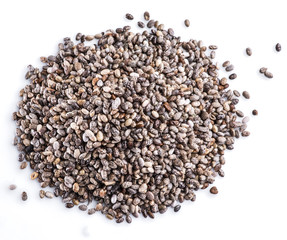 Heap of Chia seeds isolated on white background. Top view.